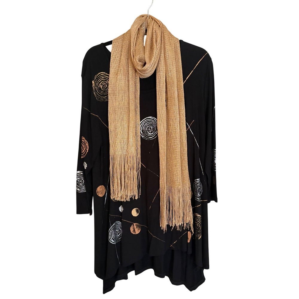 Raffi‎ Womens Black Metallic Gold Silver Abstract Tunic Top with Scarf Size M